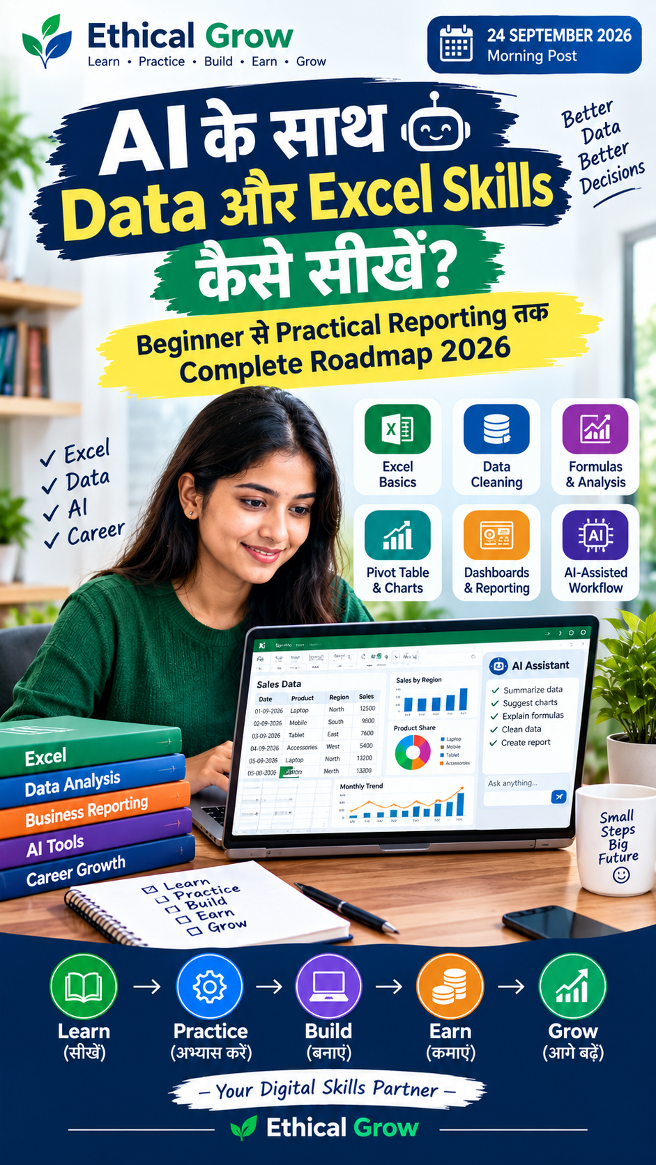 AI के साथ Data और Excel Skills कैसे सीखें? 2026 Beginner से Practical Reporting Roadmap